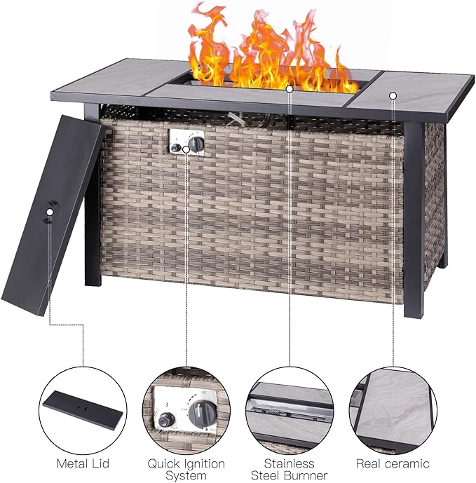 47" Propane Fire Pit Table with Real Ceramic Tabletop & Ratten Side Panel, 50000 BTU Gas Firepit Table with Lid & Glass Rock, Outdoor Fire Pit for Dining or Party, Firepit for Outside, Patio