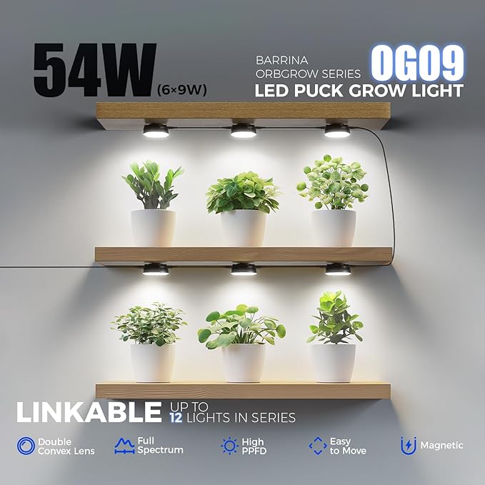 Barrina Orbgrow OG09 Puck LED Grow Light, 5000K 54W(6 x 9W, 810 Watt Equiv), Plant Lights for Indoor Plants Full Spectrum, Magnetic & Linkable, Small Grow lamp, Perfect for Plant Shelf, 6 Packs, Black