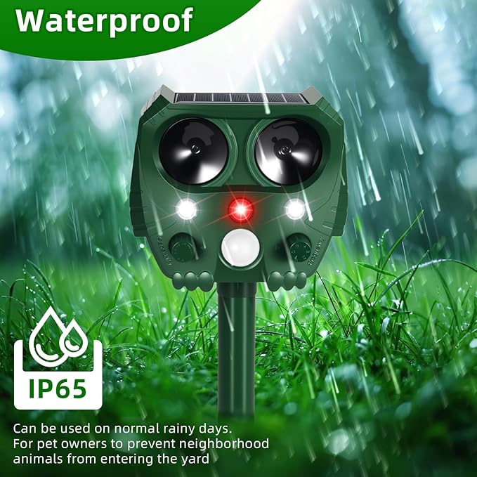2 Pack 2025 Ultrasonic Animal Repeller Outdoor Solar Deer Repellent Devices with Motion Detection,Waterproof Squirrel Raccoon Fortress Pro Deterrent Light for Cat Skunk Rabbit Dog