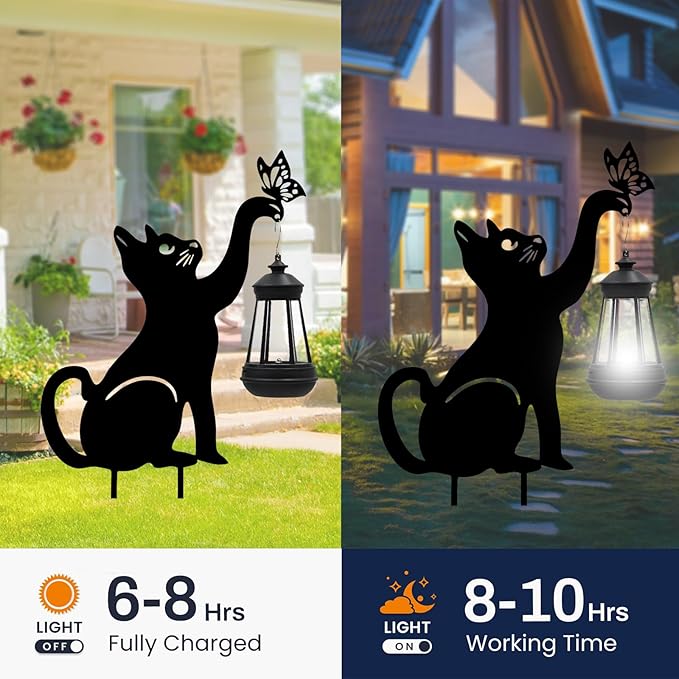 2PC Solar Lights Outdoor Garden Decor - Black Cat Figurine Light Stake with Butterfly Decorative Metal Housewarming Ornament for Yard Pathway Lawn Patio – Unique Gift Ideas for Christmas