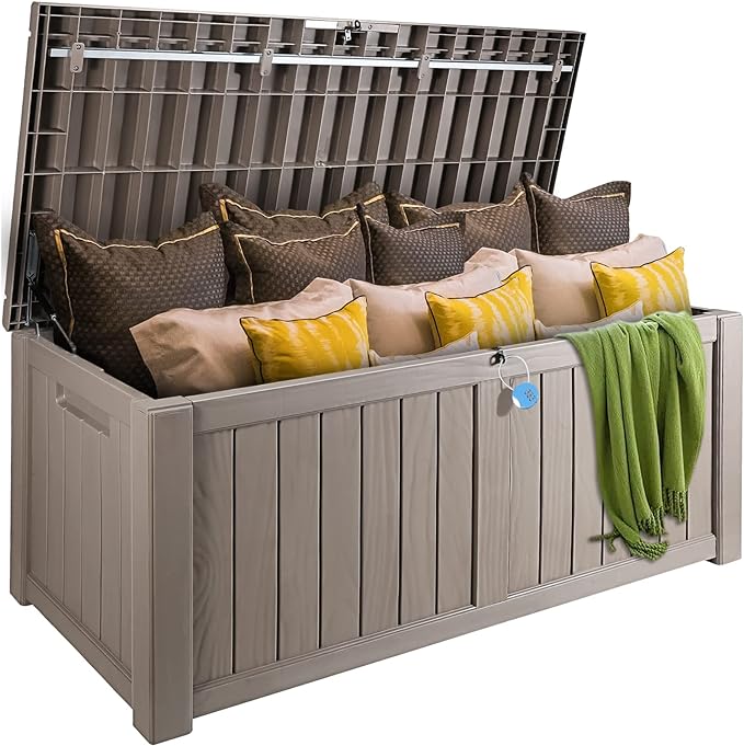 VEVOR Deck Box, 120 Gallon Outdoor Storage Box, 56.3" x 26.6" x 23.8", Waterproof PP Deckbox with Aluminum Alloy Padlock, for Patio Furniture,Garden Tools, Outdoor Cushions, Gray