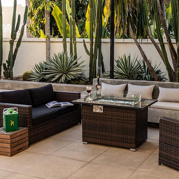 44in Outdoor Propane Gas Fire Pit Table, 50,000 BTU Auto-Ignition Gas Firepit with Glass Wind Guard, Marble Tile Tabletop, Mixed Color Glass Rocks, Brown PE Rattanā¦