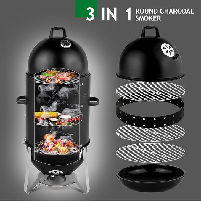 19 Inch BBQ Smoker Grill, 3-in-1 Vertical Charcoal Smoker, Heavy Duty Outdoor Bullet Smokers for Meat with Built-In Thermometer, Air Vent, And 2 Access Doors, Idea for Parties, Backyard, Barbecues