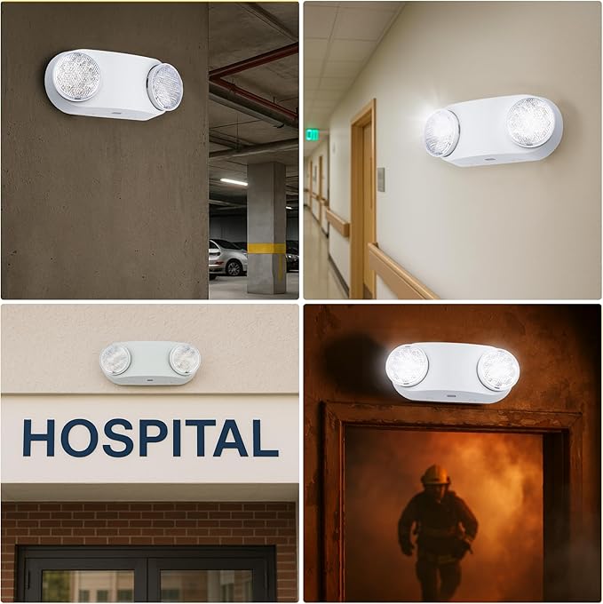 GRUENLICH LED Emergency Light with Battery Backup, 2 Adjustable Bug Eye Heads Lights, US Standard, AC 120-277V, Hardwired Commercial Emergency Exit Light for Business, 2-Pack