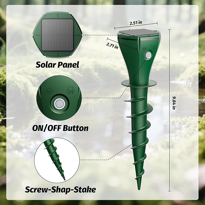 Mole Repeller for Lawns,Solar Powered Vole Repellent Ultrasonic Pest Control Stake, Waterproof Sonic Pulse Deterrent for Gopher Vole Snake in Lawn, Garden & Yard