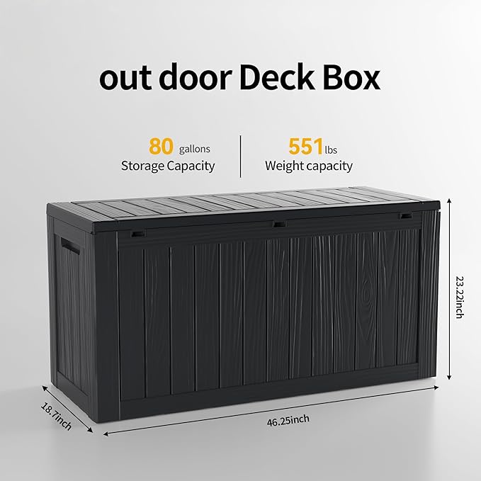 80 Gallon Waterproof Large Resin Deck Box Indoor/Outdoor Lockable Storage Container and Seating for Garden, Pool, and Patio (80 Gallon, Black)