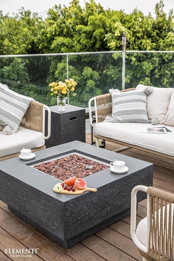 Elementi Manhattan Gas Fire Pit Cast Concrete Fire Table, Outdoor Fire Pit Electronic Ignition | Canvas Cover, Lava Rock Included | Free AMS Wind Guard | Dark Gray (Propane Gas)