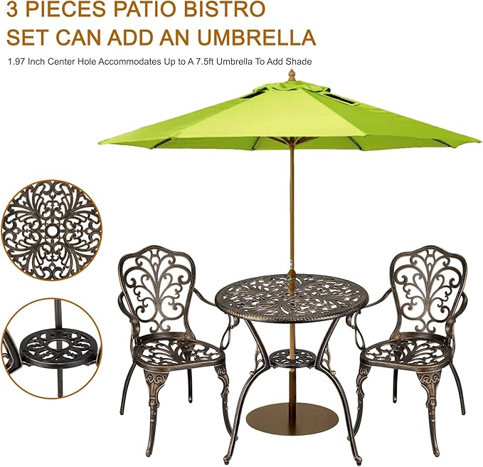 3 Piece Bistro Set, Outdoor Bistro Table and Chairs Set of 2, Rust-Resistant Cast Aluminum All Weather Patio Outdoor Bistro Set with Umbrella Hole for Backyard, Balcony, Front Porch, Brown
