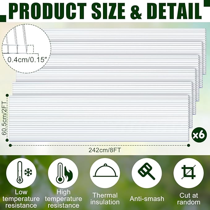 Tatuo 6 Pack 8' X 2' X 0.16'' Polycarbonate Greenhouse Panels Polycarbonate Sheets Twin-Wall Roof Panels Waterproof UV Protected Clear Corrugated Plastic Roofing for Greenhouse Replacement