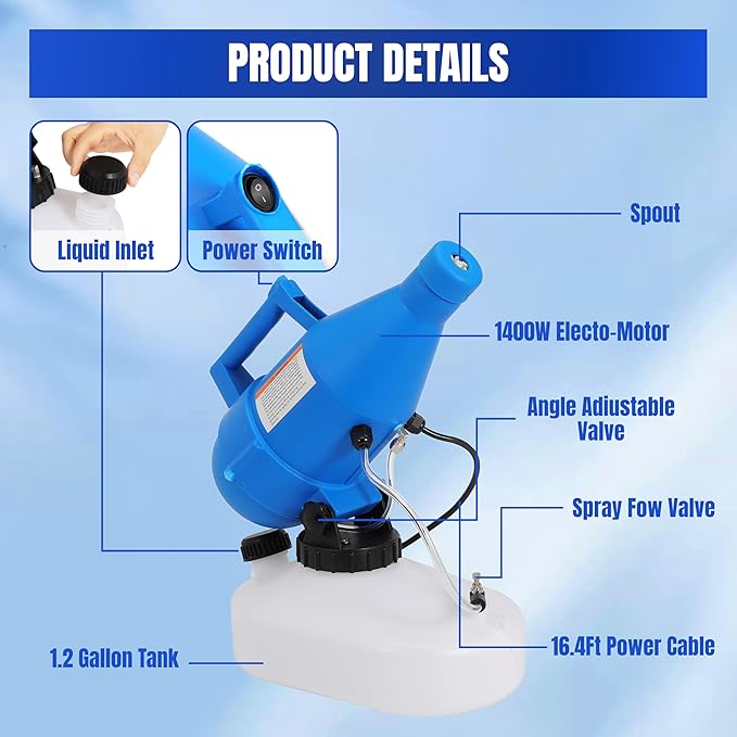 4.5L Electric ULV Fogger Sprayer 1.2 Gallon Portable Cold Mist Machine Spraying 30ft Spray Distance for Home, Yard, School, Garden, Church, Hotel, 2 Pack