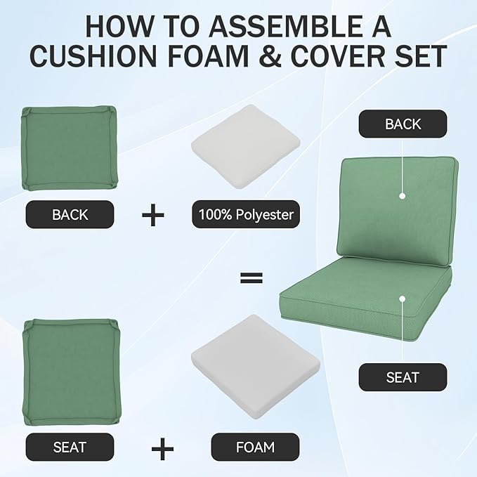 Outdoor Chair Cushions 23" x 24" x 4", Patio Deep Seat Replacement Cushions Set with Zippered Removable Cover, Weather-Resistant Olefin Fabric for Garden Chair Sofa Couch, Green