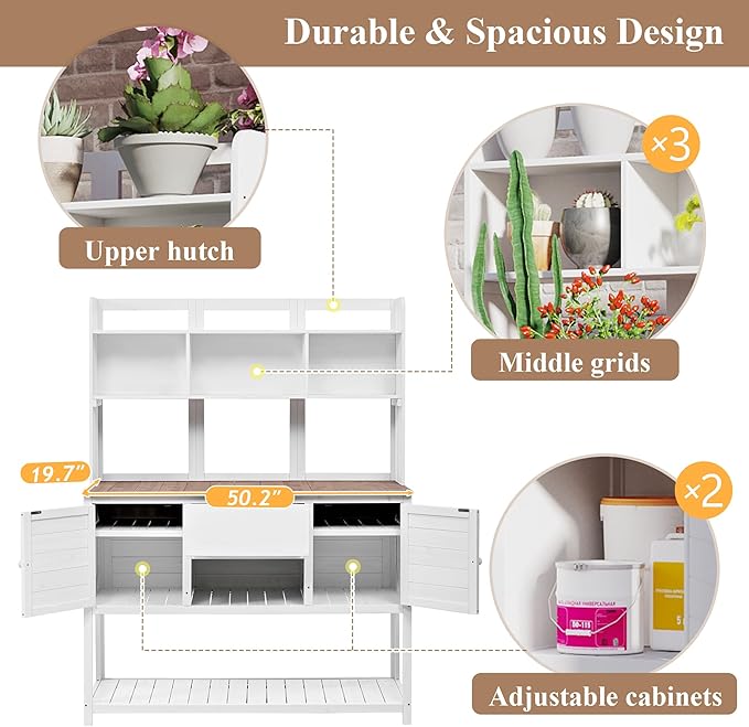 Outdoor Wooden Potting Bench Table β Farmhouse Garden Workstation with Drawers, Cabinet & Storage Shelves, Large Fir Wood Work Table for Patio, Backyard, Mudroom, Greenhouse (White & Brown, 66'' H)