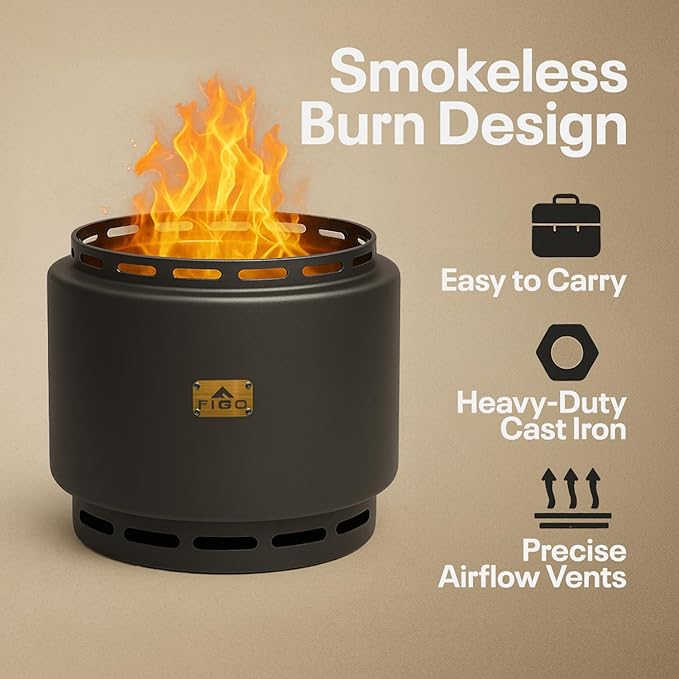 18" Smokeless Fire Pit with Removable Ash Pan, Fire Poker & Carry Bag - Portable Outdoor Fire Pit - Cast Iron - Wood Burning Lightweight Fireplace, Ideal for 4-6 People, 25 lbs
