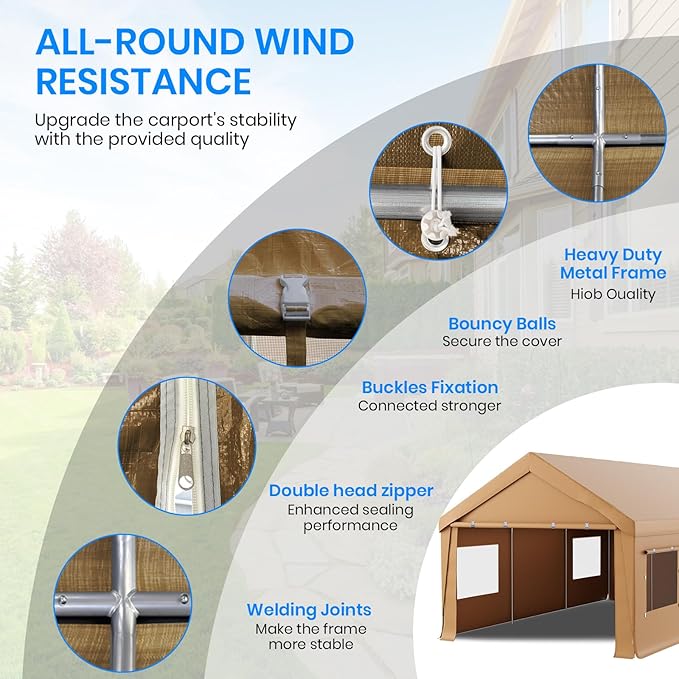Carport 10x20 Heavy Duty Portable Garage,Carport Canopy with Roll-Up Windows & Doors,Portable Garage and Shelter with Removable Sidewalls,Car Tent Garage with All-Season Tarp for Bike Lawnmower Truck