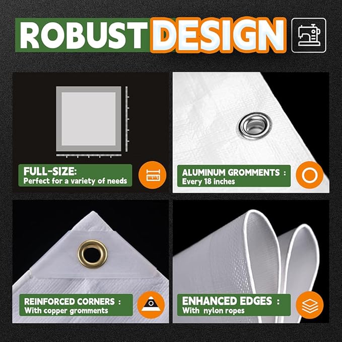 12 Mil Heavy Duty White Tarps 5' X 7', Extra Thick,Durable,Waterproof, UV Resistant, Weatherproof Poly Tarp,with Metal Grommets and Reinforced Edge (Finished Size)-by Raindeway