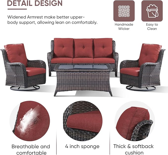 4 Piece Patio Furniture-All-Weather PE Wicker Outdoor Patio Furniture with Swivel Rocker Chairs,Outdoor Couch, Set with Coffee Table-Brown/Red