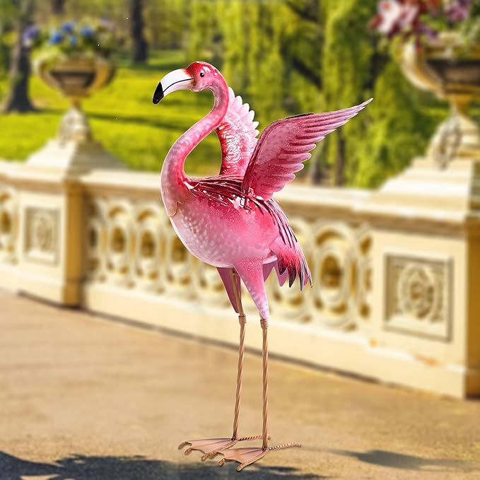 Garden Flamingo Statues and Sculptures, Outdoor Metal Bird Yard Art, Pink Flamingos Lawn Ornament for Patio Backyard Porch Decorations