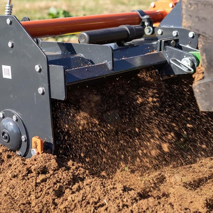 Titan Attachments 3 Point 48" Rotary Tiller Attachment Fits Cat 1 Tractors, Charcoal Finish, Single Speed PTO Driven Cultivator with a 540 RPM Gearbox, Replaceable L-Shaped Tines Work 5" Deep