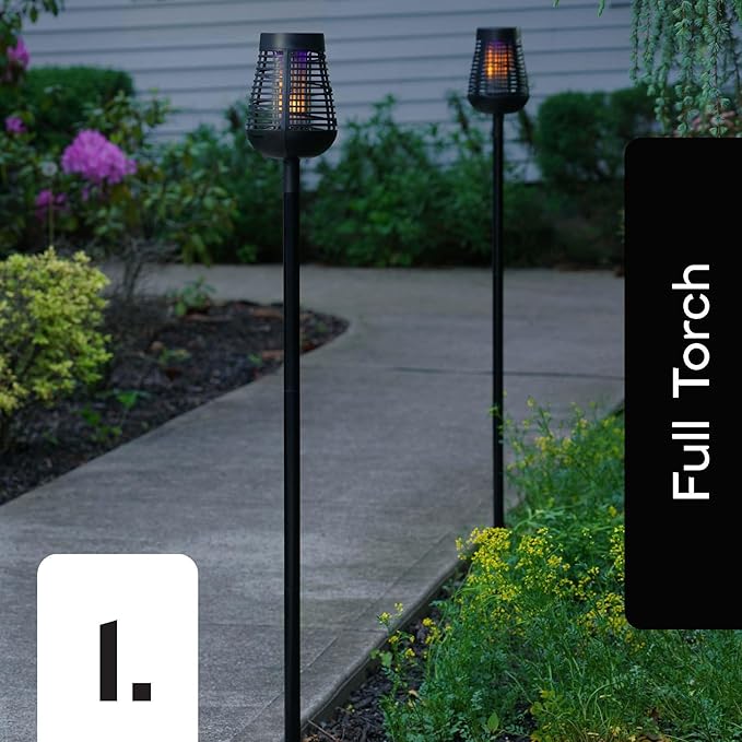 PIC Bug Zapper, 600V Solar Powered Insect Trap & Fly Zapper for Outdoor Use, LED Flickering Flame, Activates Automatically in Dark, Weatherproof Outdoor Fly Trap, Kills Bugs on Contact, Twin Pack