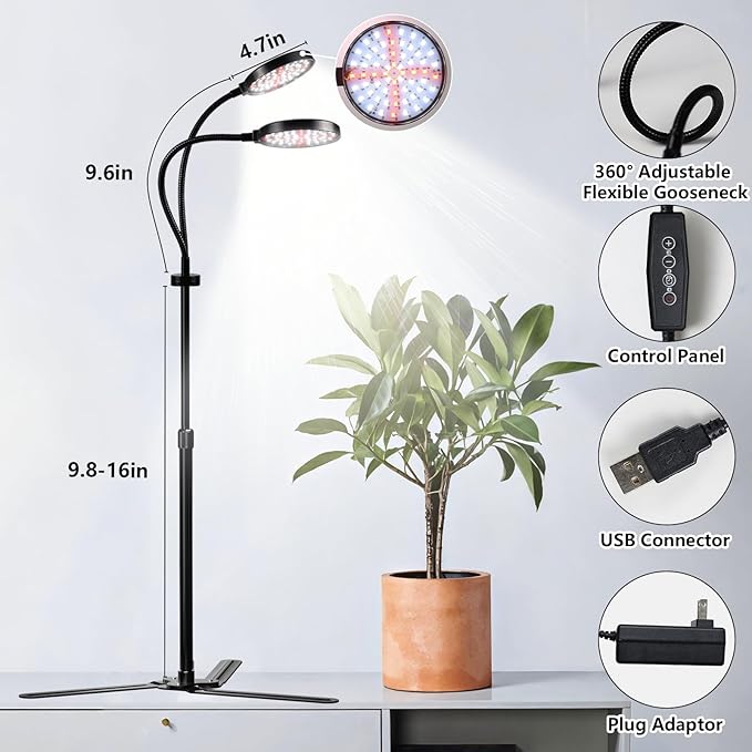 Grow Lights for Indoor Plant, 6000K 174LEDs Full Spectrum Plant Lights for Indoor Growing, 4.7'' LED Dual Ring Height Extendable Grow Light, Auto On Off Timing 4/8/12Hrs, 12V 3A Plug High Power Output