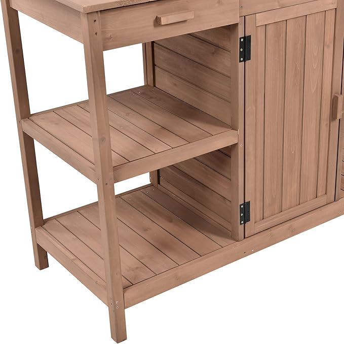 66" Outdoor Potting Bench Workstation - Farmhouse Style Wooden Garden Table with Drawers, Cabinet & Open Shelves (Brown + Solid Wood + originalwood)