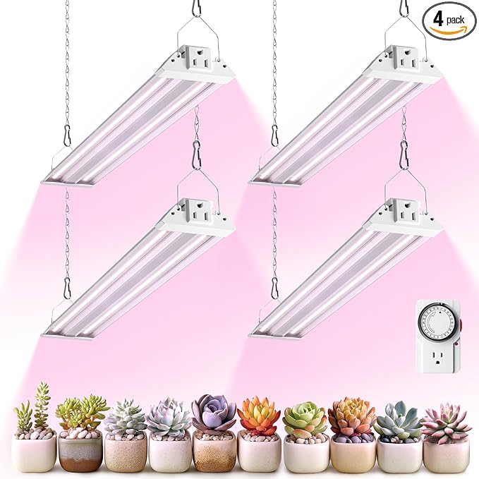 Barrina TX36 2FT Grow Lights for Seed Starting, 144W(4 x 36W, 800W Equivalent), High PPFD, Full Spectrum, Mechanical Timer, Grow Light for Indoor Plants with On/Off Switch, Linkable, 4 Packs