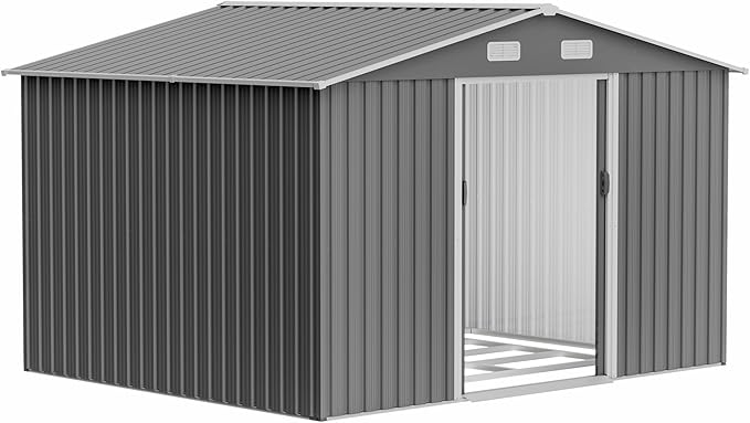 10X8 FT Outdoor Storage Shed with Galvanized Steel Construction & Lockable Doors,All Weather Garden Tool House Sheds W/Sliding Doors and Padlock,for Patio,Backyard,Lawn,Gray
