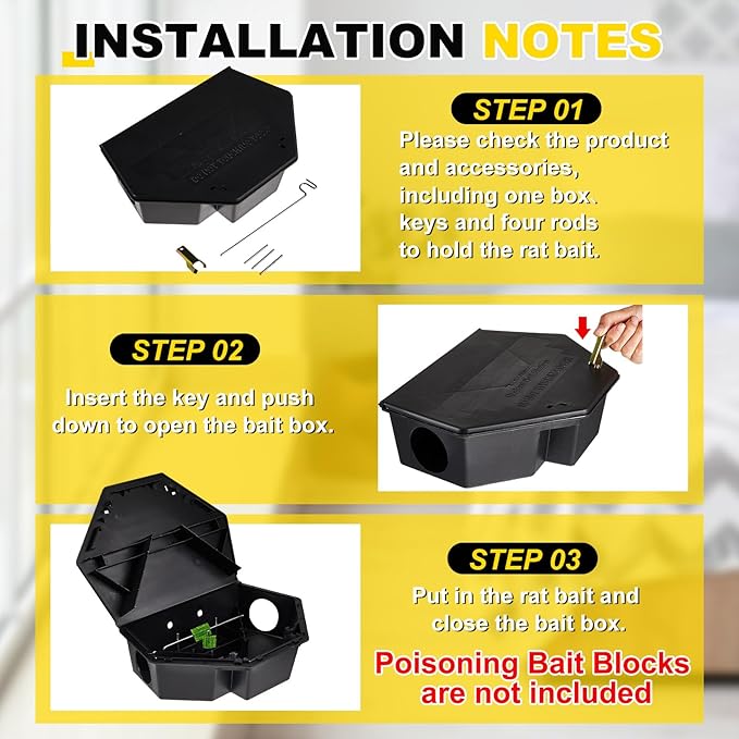 Qualirey 2 Pcs Rat Bait Station with Keys 13.58 x 8.98 x 3.35 Inch Rodent Station Rat Traps, Keeps Children and Pets Safe Indoor and Outdoor, Bait Not Included (Black)