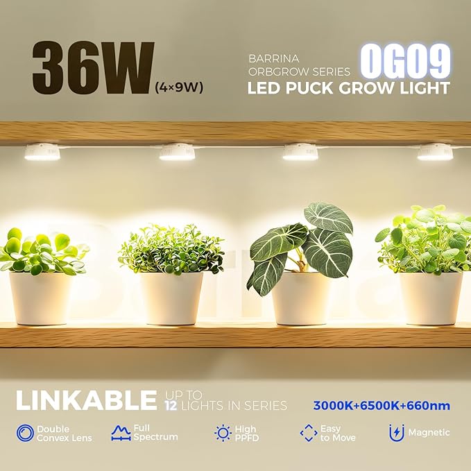 Barrina Orbgrow OG09 Puck Grow Light with Timer, 660nm Red LEDs 36W(4 x 9W, 540 Watt Equiv), Full Spectrum Plant Light for Indoor Plant, Magnetic & Linkable, 5 Levels Dimmable for Plant Shelf, 4 Packs
