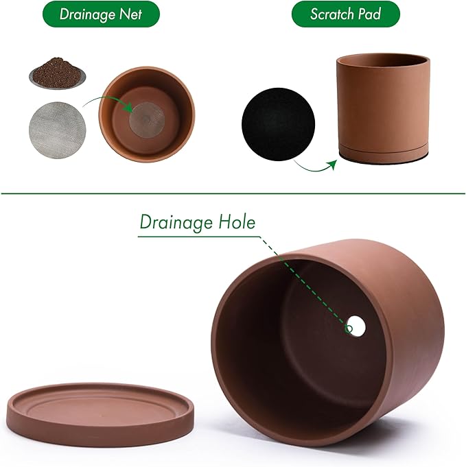 D'vine Dev 4 Inch Rust Terracotta Plant Pot with Drainage Hole and Saucer, Round Cylinder Planter Pot for Indoor Plants, Set of 2, 40-V-A-2