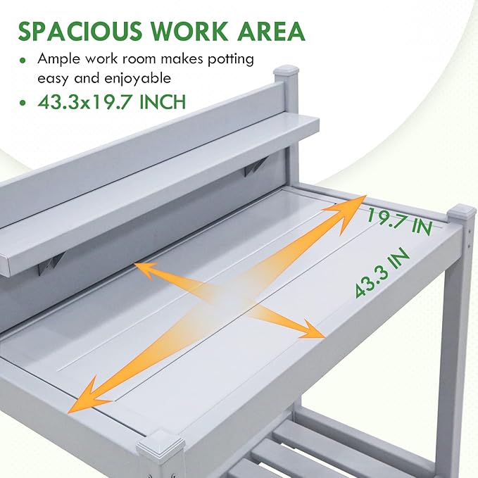EAGLE PEAK Outdoor Indoor Maintenance Free Vinyl Garden Potting Bench, Waterproof Potting Table with Open Shelf, Lower Storage, 40inx21.6inx43.9in, Gray