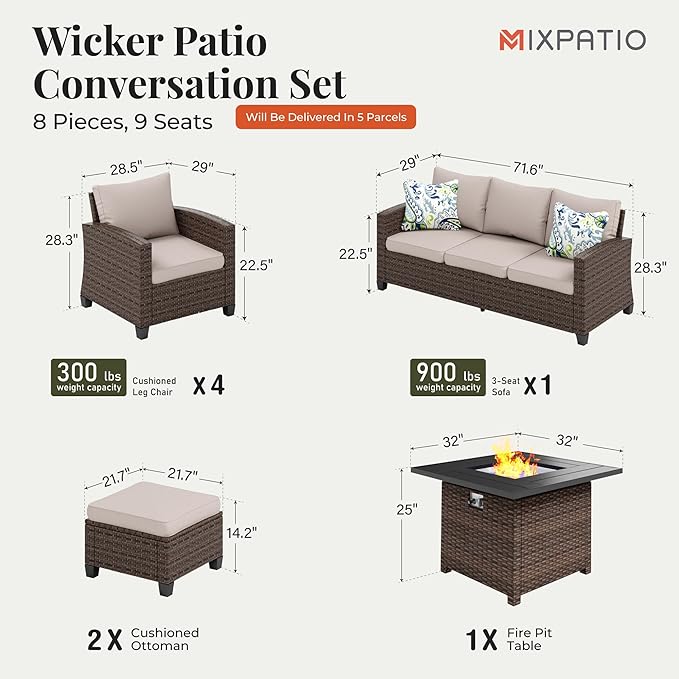 Patio Furniture Set, 8 Pcs Wicker Rattan Outdoor Conversation Set, 4 x Leg Chairs, 1 x 3 Seater Sofa and 2 x Ottomans with 4" Thick Cushion and 32" Fire Pit Table, Beige
