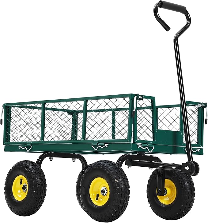 Heavy Duty Steel Garden Cart, 550LBS Pullable Metal Garden Wagon with 10" Wheels, 180° Rotating Handle and Removable Sides for Outdoor, Farm, Yard, Beach 