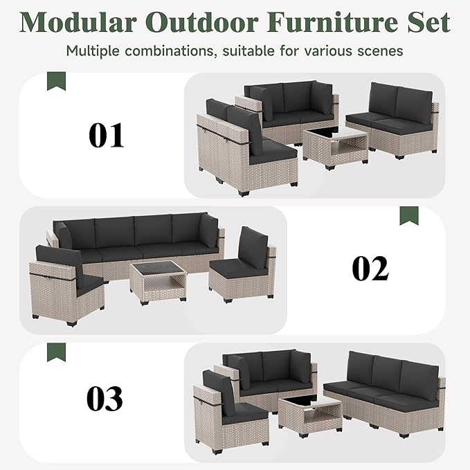 11 Pieces Patio Furniture Set, Outdoor Sectional Wicker Sofa with Thick Cushions and Storage Coffee Table, Rattan Patio Conversation Sets for Deck Garden Poolside, Black