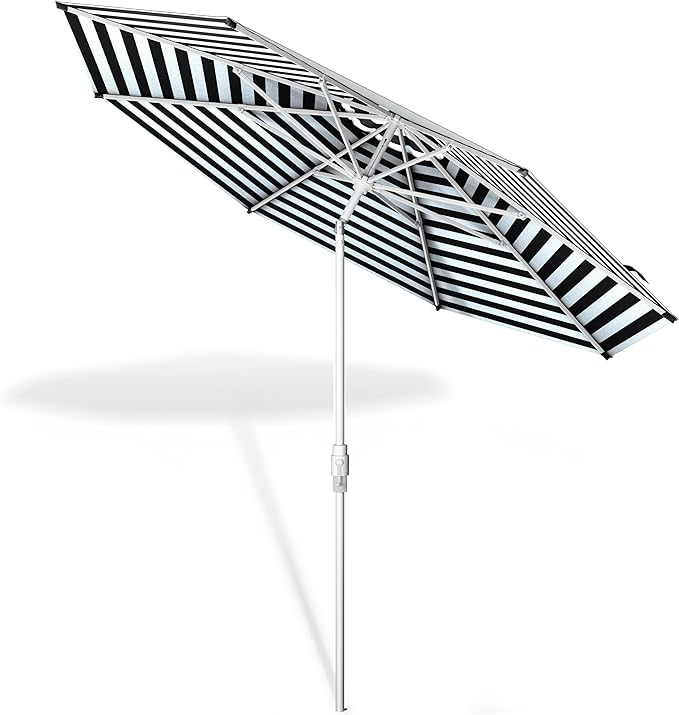 Midtown Umbrellas The Swilt 9 Feet Patio Umbrella in Terylast Zebra (Black/White Stripes) Polyester Fabric - Fiberglass Ribs, Auto-Tilt Aluminum Frame For Backyard, Deck, Garden, Pool - White Pole