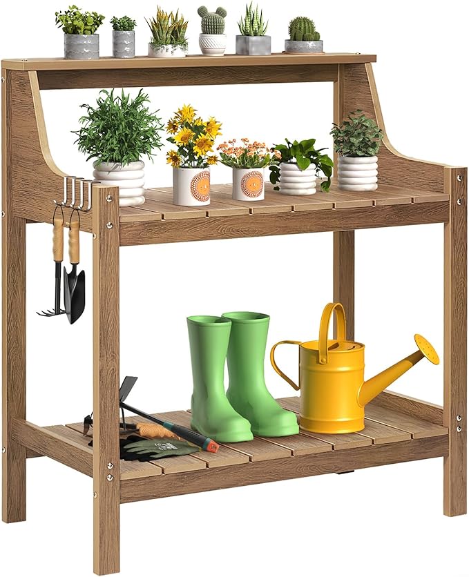 Potting Bench Table, HDPS Potting Bench with 4 Side Hooks, All-Weather Garden Table Work Station, Outdoor Potting Table for Porch, No Rust, No Fade, No Break, 360lbs Capacity (Teak, Large)