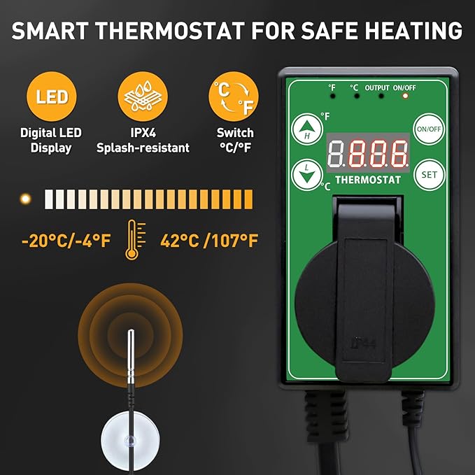 Portable Greenhouse Heater with Digital Thermostat, Overheat Protection, 1500W Radiant Electric Heater for Indoor & Outdoor Use, Garage, Grow Tent, RV, IPX4 Water Resistant, 2 Pieces, Black