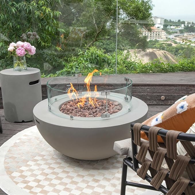 Roca Concrete Fire Pit 34" x 34" Patio Firepit Includes Lava Rocks Modern Fire Pits & Outdoor Fireplaces for Garden, Deck, Indoor & Outdoor Heating