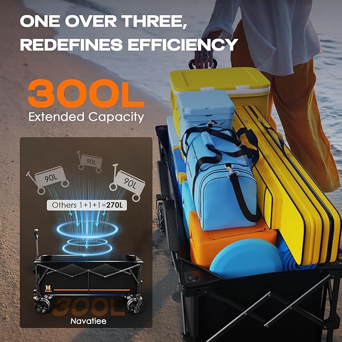 Navatiee 300L Extra Large Collapsible Wagon Cart Foldable, 48''L Extended Heavy Duty Folding Beach Wagon with 440LBS Weight Capacity and Big Wheels, Utility Garden Cart for Sports Camping