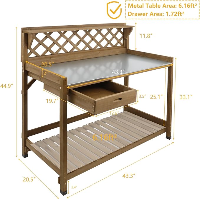 Garden Potting Bench with Metal Tabletop,Outdoor Potting Table Workstation Benches with Drawer/Storage Shelf,Fir Wood Potting Station Work Table with Open Shelf,Lattice Back (Brown)