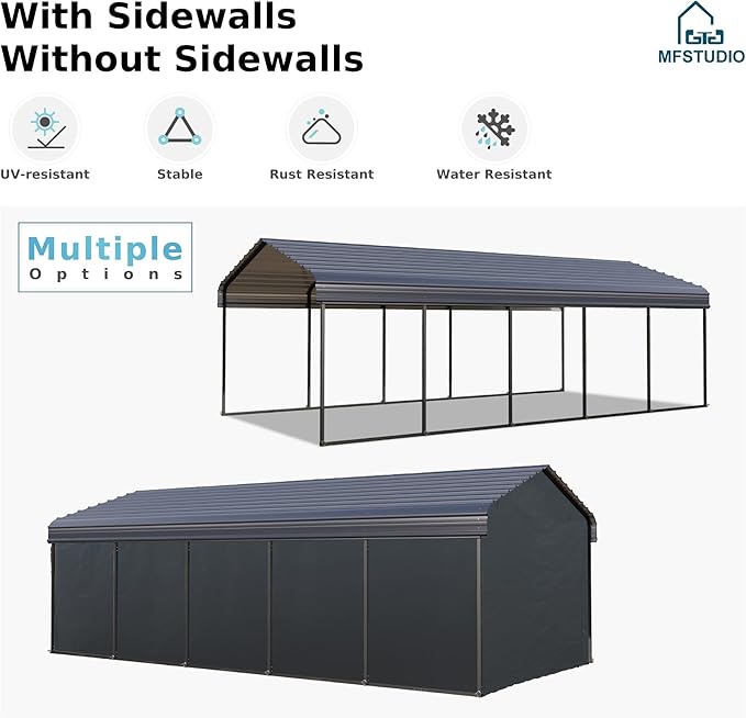 MFSTUDIO Carport 12x25 ft, Outdoor Heavy Duty Carports with Sidewalls, Metal Shed Canopy Shelters Garage Shelter Shade Car Ports with Galvanized Roof for Cars, Truck and Boats 