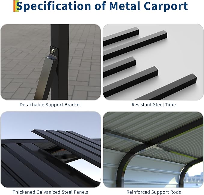 12x20 FT Heavy Duty Metal Carport with Galvanized Steel Frame & Roof, All-Weather Portable Car Garage Shelter, Metal Carports Garage for Cars, Trucks, Boats, Wind & Snow Resistant, Reinforced Base