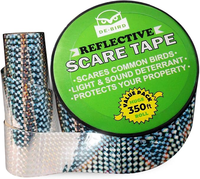 De-Bird Bird Tape Repellent & Reflective Scare Tape - 350 Ft Roll, Multicolor Dual-Sided - Garden Reflectors to Keep Birds Away - Pigeon & Goose Control