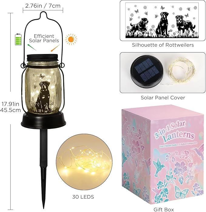 Rottweiler Gifts for Women/Men Rottweiler Solar Lanterns Dog Mom Birthday Dog Lovers Lantern Pet Loss Pet Memorial Lights, Solar Garden Decoration Outside for Yard, Patio,Backyard,Porch