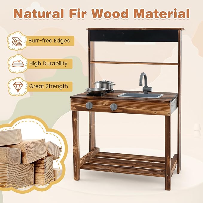 HONEY JOY Mud Kitchen, Fir Wood Outdoor Play Kitchen for Toddlers, Realistic Faucet & Garden Sink, Stoves, Chalkboard, Storage Shelf, Outdoor Kitchen Playset, Mud Kitchen for Kids Outdoor Backyard