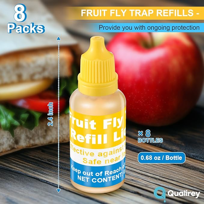Qualirey Fruit Fly Trap for Indoor and Kitchen Use, 0.68 oz Each Bottle Fruit Fly Trap Refill Liquid, Ready to Use, Safe Near Food, Efficient Lure Refill Liquid, Yellow(8 Pack)