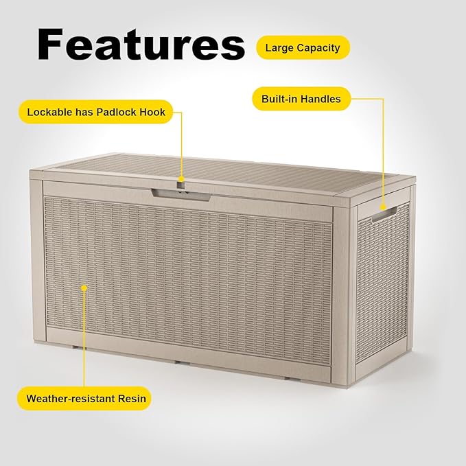 100 Gallon Outdoor Storage Box – Resin Deck Box with Lockable Lid, Waterproof Patio Furniture Storage for Tools, Garden & Yard Organization