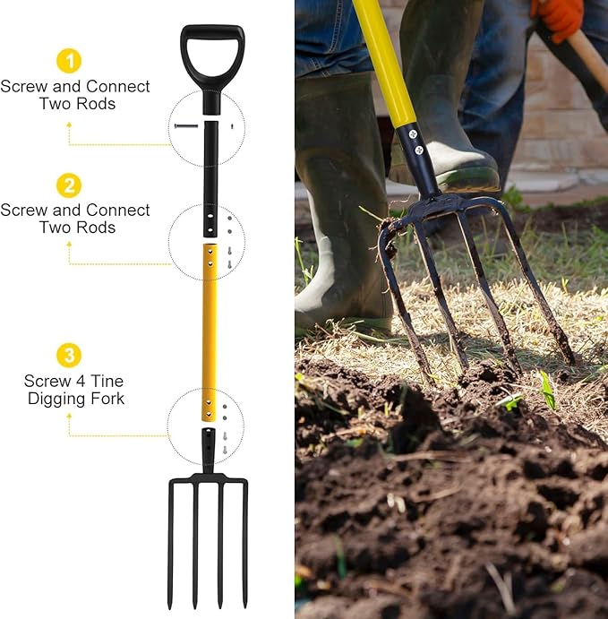 Pitchfork, Steel Tines, Manual Hay Fork, Pitchforks for Gardening Digging Composting Spading,4Tines Garden Fork witn Fiberglass Handle,46Inches (Black)