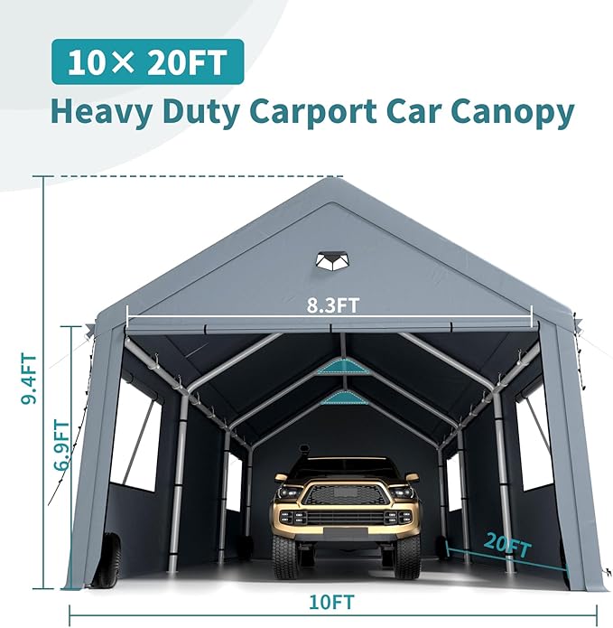 10x20FT Heavy Duty Carport Canopy,Extra Large Portable Car Tent Garage with Roll-up Windows and All-Season Tarp Cover,Removable Roof&Side Walls for Car,SUV,Boats&Truck Shelter Logic Storage
