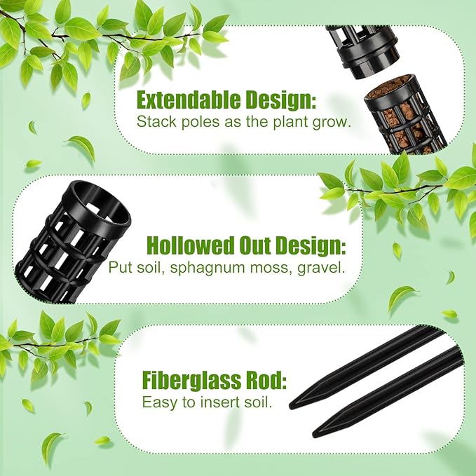 10 Set Plastic Moss Poles for Climbing Plants Indoor Stackable Self Watering Hollow Monstera Plant Support, Moss Not Included(Black)